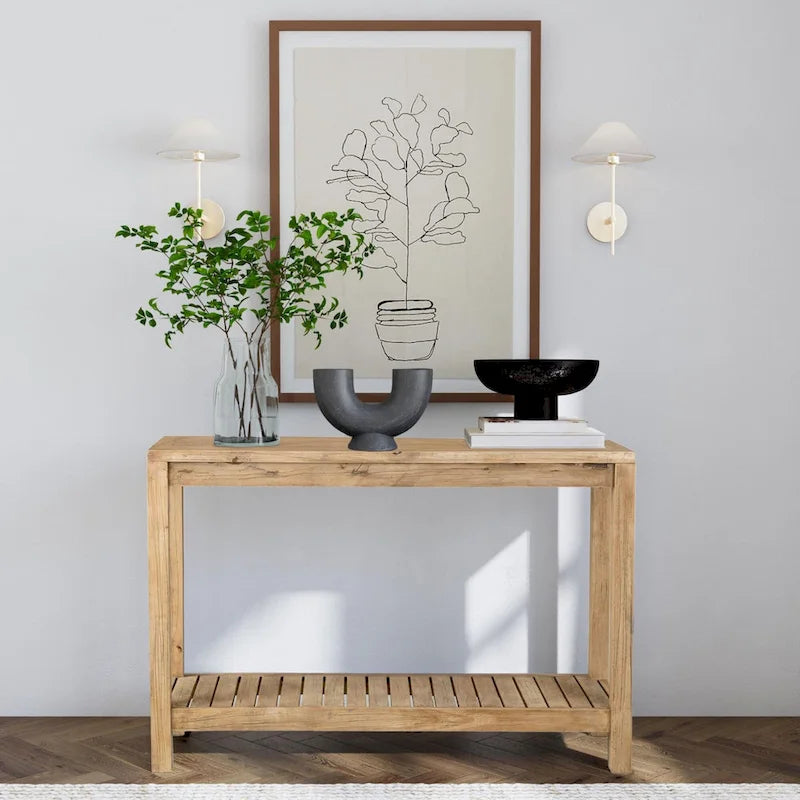 Solid Mindi Wood Slim Console Table with Bottom Shelf