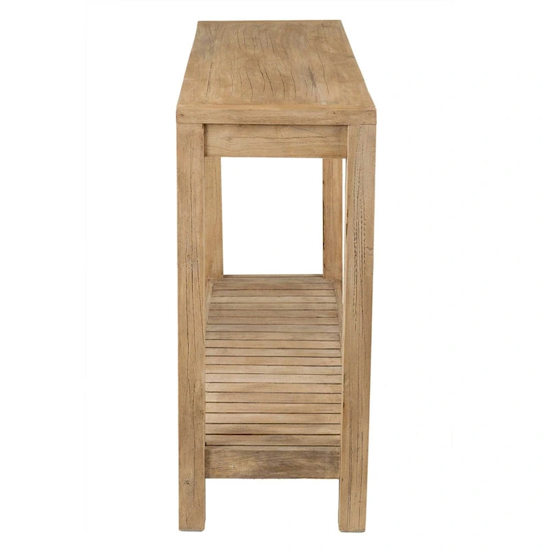 Solid Mindi Wood Slim Console Table with Bottom Shelf