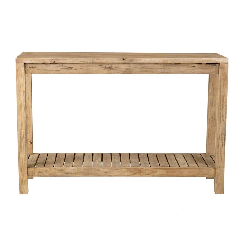 Solid Mindi Wood Slim Console Table with Bottom Shelf